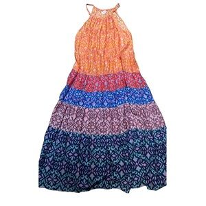 XiRENA Fiesta Orange and Blue Tiered Halter Sundress sz Lg